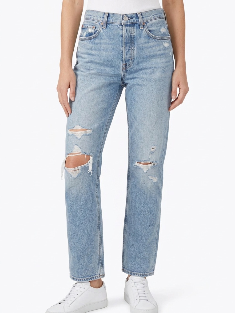 GRLFRND | Light Blue Distressed High-Rise Loose Straight Jeans Women’s Size 28